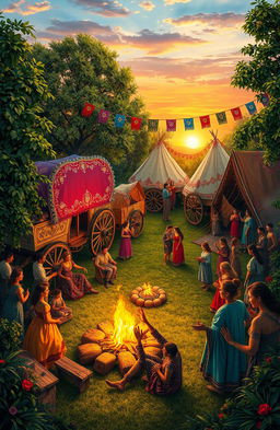 A vibrant and colorful depiction of a traditional gypsy camp, surrounded by lush greenery