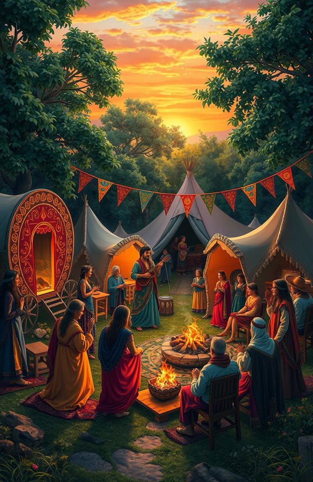 A vibrant and colorful depiction of a traditional gypsy camp, surrounded by lush greenery