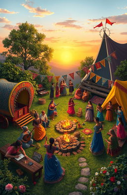 A vibrant and colorful depiction of a traditional gypsy camp, surrounded by lush greenery