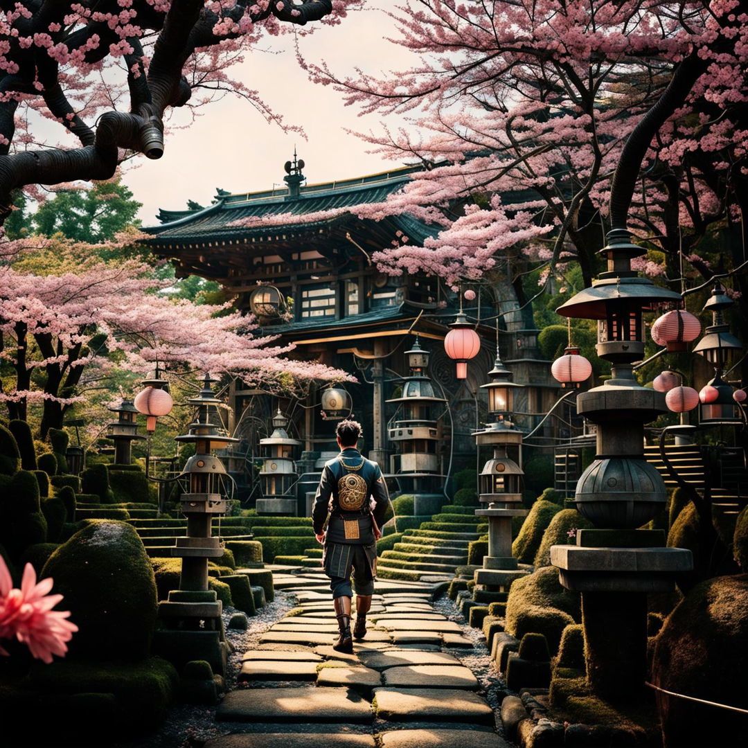 A steampunk-style image of a person in a magical, intricate landscape with an ancient Japanese temple and blooming sakura trees