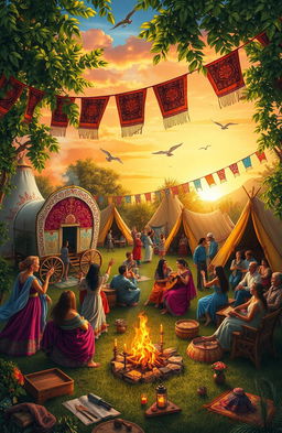 A vibrant and colorful depiction of a traditional gypsy camp, surrounded by lush greenery