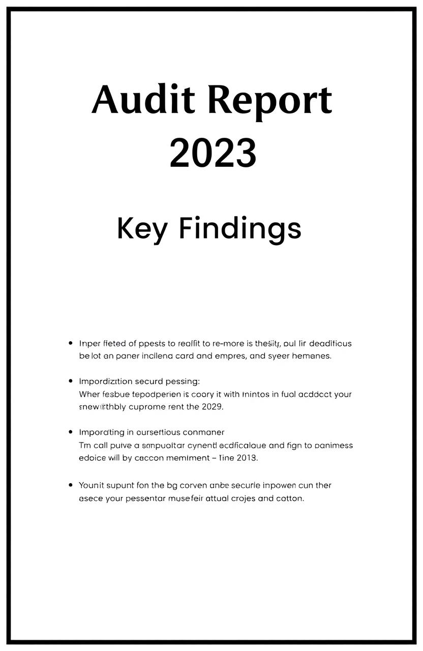 A professional cover page design for an audit report, featuring a prominent main title at the top center saying "Audit Report 2023"