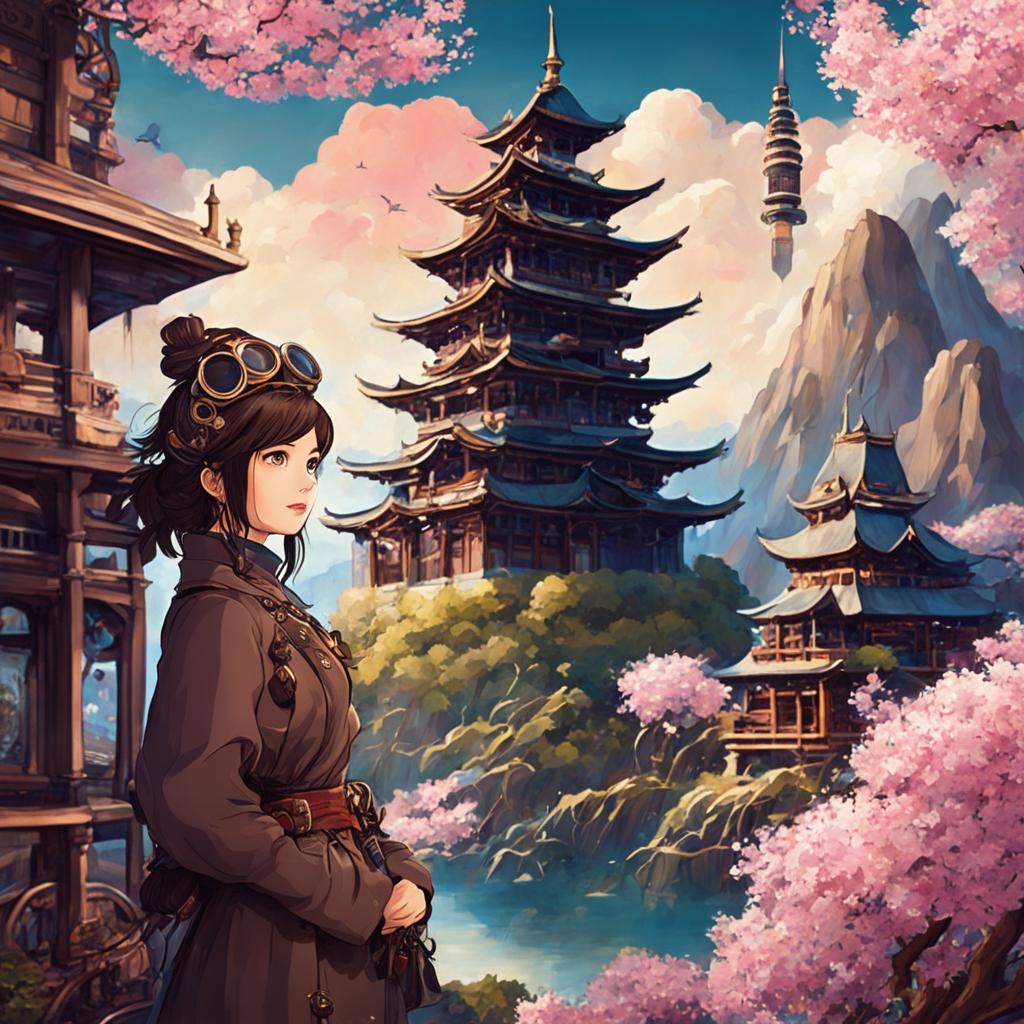 A Studio Ghibli-style image with steampunk elements, featuring a person in a magical, intricate landscape with an ancient Japanese temple and blooming sakura trees