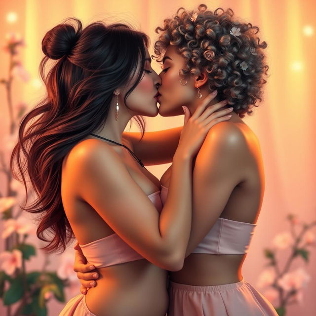 A vibrant and intimate moment between two women sharing a passionate kiss