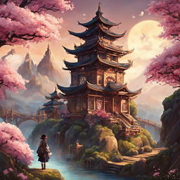 A Studio Ghibli-style image with steampunk elements, featuring a person in a magical, intricate landscape with an ancient Japanese temple and blooming sakura trees