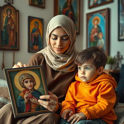 A young, beautiful Muslim woman with elegant features and a stylish hijab sits with a small six-year-old boy who has bright blue eyes in a cozy room
