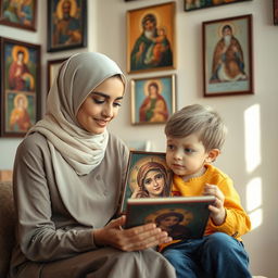 A young, beautiful Muslim woman with elegant features and a stylish hijab sits with a small six-year-old boy who has bright blue eyes in a cozy room