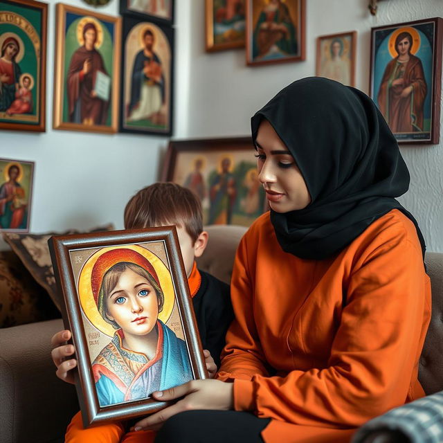 A young, beautiful Muslim woman with elegant features and a stylish hijab sits with a small six-year-old boy who has bright blue eyes in a cozy room