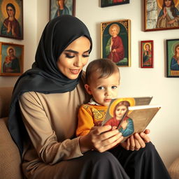 A young, beautiful Muslim woman with elegant features and a stylish hijab sits with a small six-year-old boy who has bright blue eyes in a cozy room