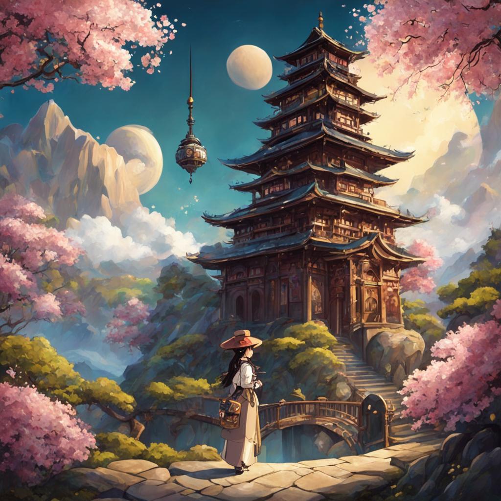 A Studio Ghibli-style image with steampunk elements, featuring a person in a magical, intricate landscape with an ancient Japanese temple and blooming sakura trees