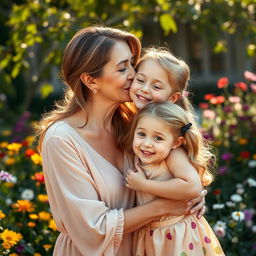 A warm and tender moment between a mature woman and a girl, sharing a sweet kiss on the cheek