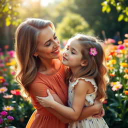 A warm and tender moment between a mature woman and a girl, sharing a sweet kiss on the cheek