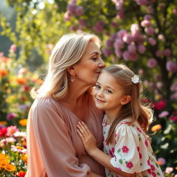 A warm and tender moment between a mature woman and a girl, sharing a sweet kiss on the cheek