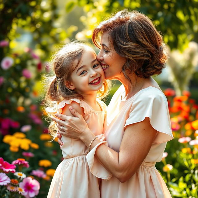 A warm and tender moment between a mature woman and a girl, sharing a sweet kiss on the cheek