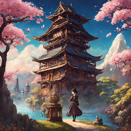 A Studio Ghibli-style image with steampunk elements, featuring a person in a magical, intricate landscape with an ancient Japanese temple and blooming sakura trees