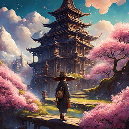 A stunning Studio Ghibli-style image with steampunk elements, featuring a person in a magical, intricate landscape with an ancient Japanese temple and blooming sakura trees