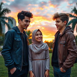 A captivating love triangle scene featuring two American brothers and a Muslim girl