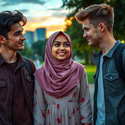 A captivating love triangle scene featuring two American brothers and a Muslim girl