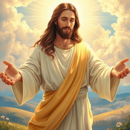 An ethereal depiction of Jesus Christ, radiating divine light, wearing a flowing white robe with a golden sash, surrounded by soft clouds and a serene blue sky