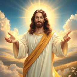 An ethereal depiction of Jesus Christ, radiating divine light, wearing a flowing white robe with a golden sash, surrounded by soft clouds and a serene blue sky