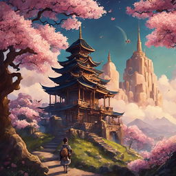 A stunning Studio Ghibli-style image with steampunk elements, featuring a person in a magical, intricate landscape with an ancient Japanese temple and blooming sakura trees