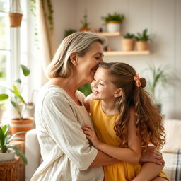 A warm and affectionate moment between a mature woman and a girl, sharing a gentle kiss on the forehead