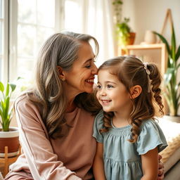 A warm and affectionate moment between a mature woman and a girl, sharing a gentle kiss on the forehead