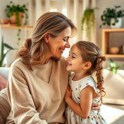 A warm and affectionate moment between a mature woman and a girl, sharing a gentle kiss on the forehead