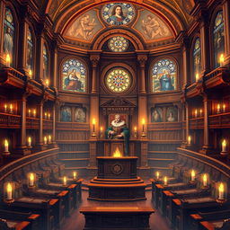 A beautifully crafted illustration of a legislative camera inside a congress building, combining elements of a fantasy avatar and medieval design