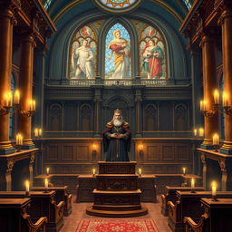 A beautifully crafted illustration of a legislative camera inside a congress building, combining elements of a fantasy avatar and medieval design