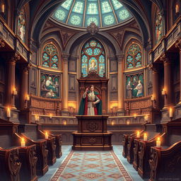 A beautifully crafted illustration of a legislative camera inside a congress building, combining elements of a fantasy avatar and medieval design