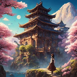 A stunning Studio Ghibli-style image with steampunk elements, featuring a person in a magical, intricate landscape with an ancient Japanese temple and blooming sakura trees