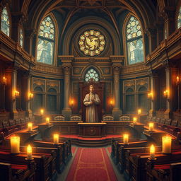 A beautifully crafted illustration of a legislative camera inside a congress building, combining elements of a fantasy avatar and medieval design