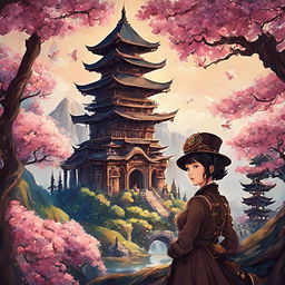 A stunning Studio Ghibli-style image with steampunk elements, featuring a person in a magical, intricate landscape with an ancient Japanese temple and blooming sakura trees