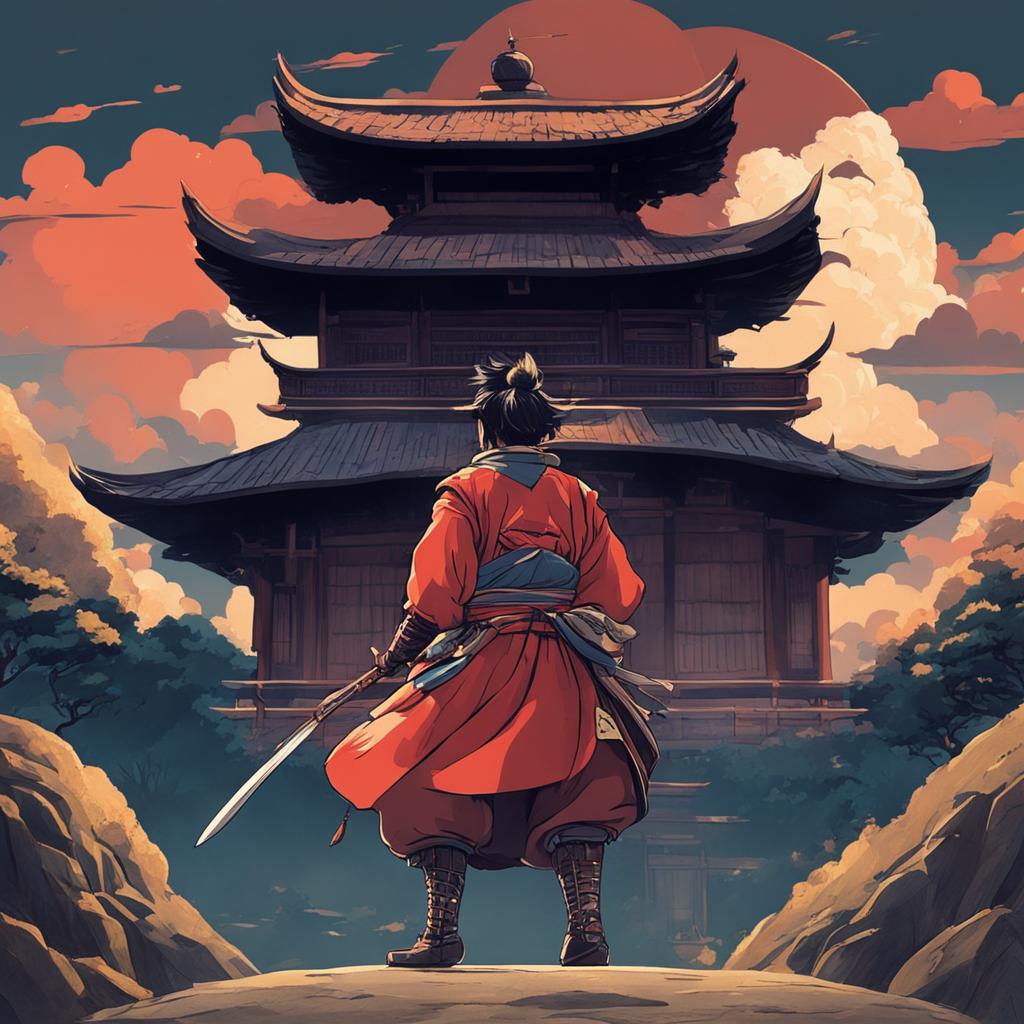 A Studio Ghibli-style image of a samurai about to step into the realm of the gods from the mortal world.