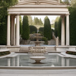 A central feature of a Roman inspired fountain with water flowing into a pool, surrounded by walkways with classical columns and arches.