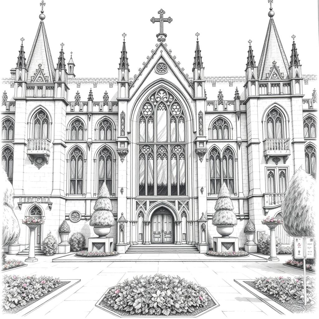 A detailed pencil drawing of a legislative camera from the outside of a congress building, featuring a blend of medieval architecture and fantasy avatar elements