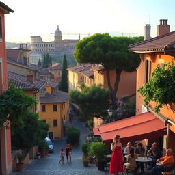 A picturesque view of Tufello, a charming neighborhood in Rome, Italy, showcasing traditional Roman architecture with warm-colored buildings, cobblestone streets, and lush greenery