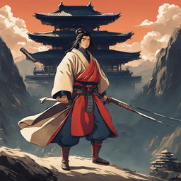 A Studio Ghibli-style image of a samurai about to step into the realm of the gods from the mortal world.