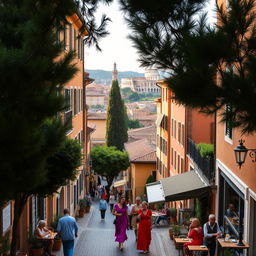 A picturesque view of Tufello, a charming neighborhood in Rome, Italy, showcasing traditional Roman architecture with warm-colored buildings, cobblestone streets, and lush greenery