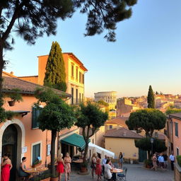 A picturesque view of Tufello, a charming neighborhood in Rome, Italy, showcasing traditional Roman architecture with warm-colored buildings, cobblestone streets, and lush greenery