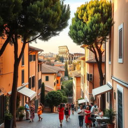 A picturesque view of Tufello, a charming neighborhood in Rome, Italy, showcasing traditional Roman architecture with warm-colored buildings, cobblestone streets, and lush greenery