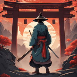 A Studio Ghibli-style image of a samurai about to step into the realm of the gods from the mortal world.