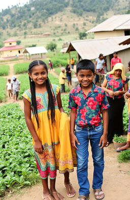 Two young girls standing proudly in the center of their rural community, embodying the spirit of change and empowerment