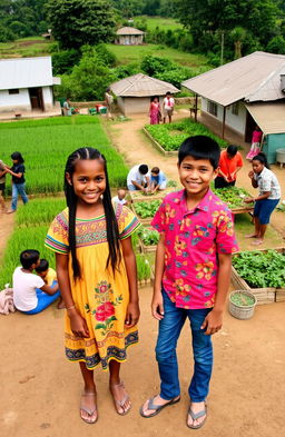 Two young girls standing proudly in the center of their rural community, embodying the spirit of change and empowerment
