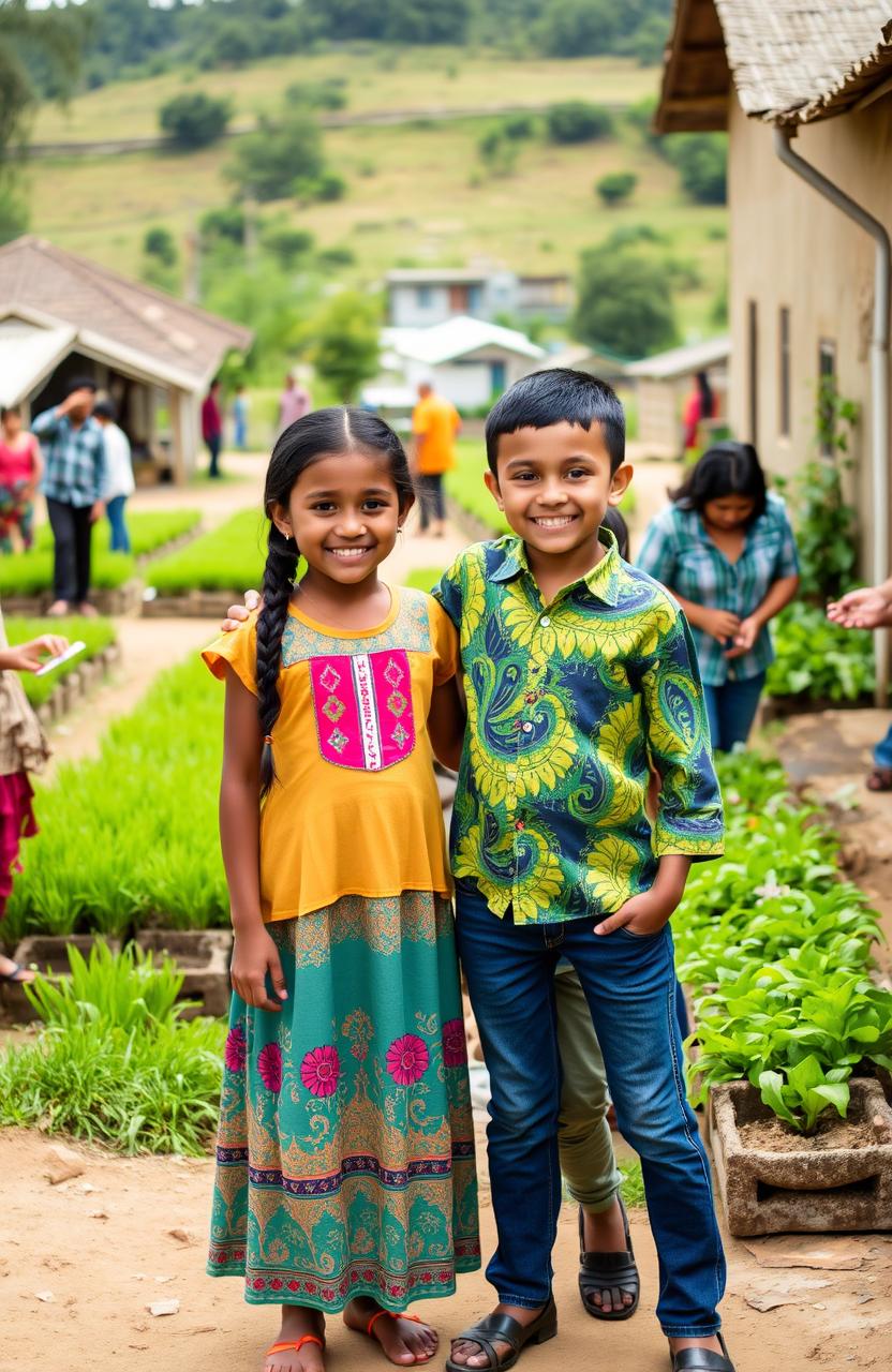 Two young girls standing proudly in the center of their rural community, embodying the spirit of change and empowerment