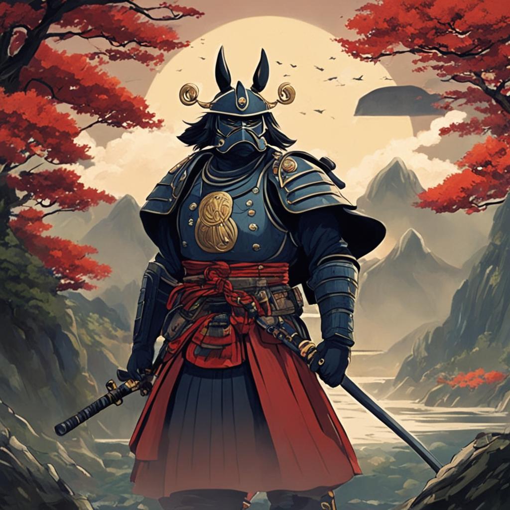 A Studio Ghibli-style image of a samurai about to step into the realm of the gods from the mortal world.