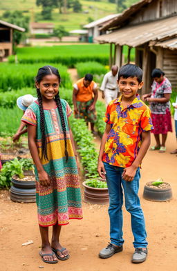 Two young girls standing proudly in the center of their rural community, embodying the spirit of change and empowerment