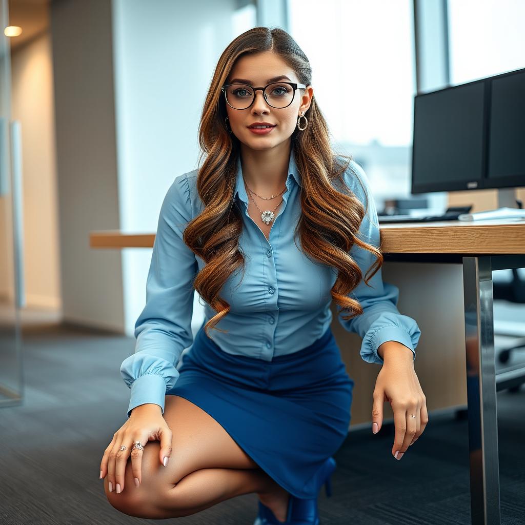 A 23-year-old Russian secretary with a round face and freckles, wearing a tight light blue blouse buttoned at the front, which stretches slightly due to her busty figure (34D breasts)