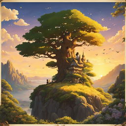 Detailed Studio Ghibli poster with iconic characters nestled in a whimsical tree under soft golden light